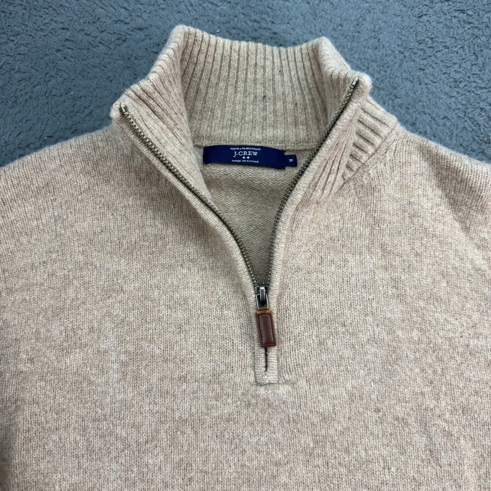 J.Crew Sweater Mens M Beige 100% Lambswool Quarter Zip Mock Neck Ribbed Knit
